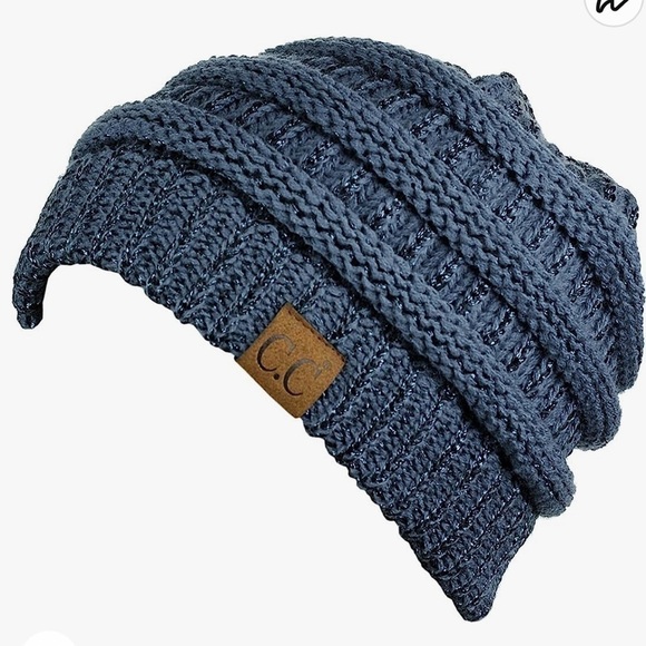 C.C NWT Denim Blue Chunky Soft Stretch Cable Knit Beanie Skully Slouch Cap Hat - Picture 3 of 4